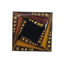 Vintage Geometric Art Deco Style Brooch Retro Pin Gold Black Trombone Clasp