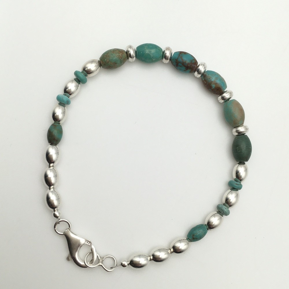 Silver Schark Handmade Sterling Silver & Turquoise Barrel Bead Bracelet 7.5” #26