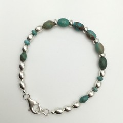 Silver Schark Handmade Sterling Silver & Turquoise Barrel Bead Bracelet 7.5” #26