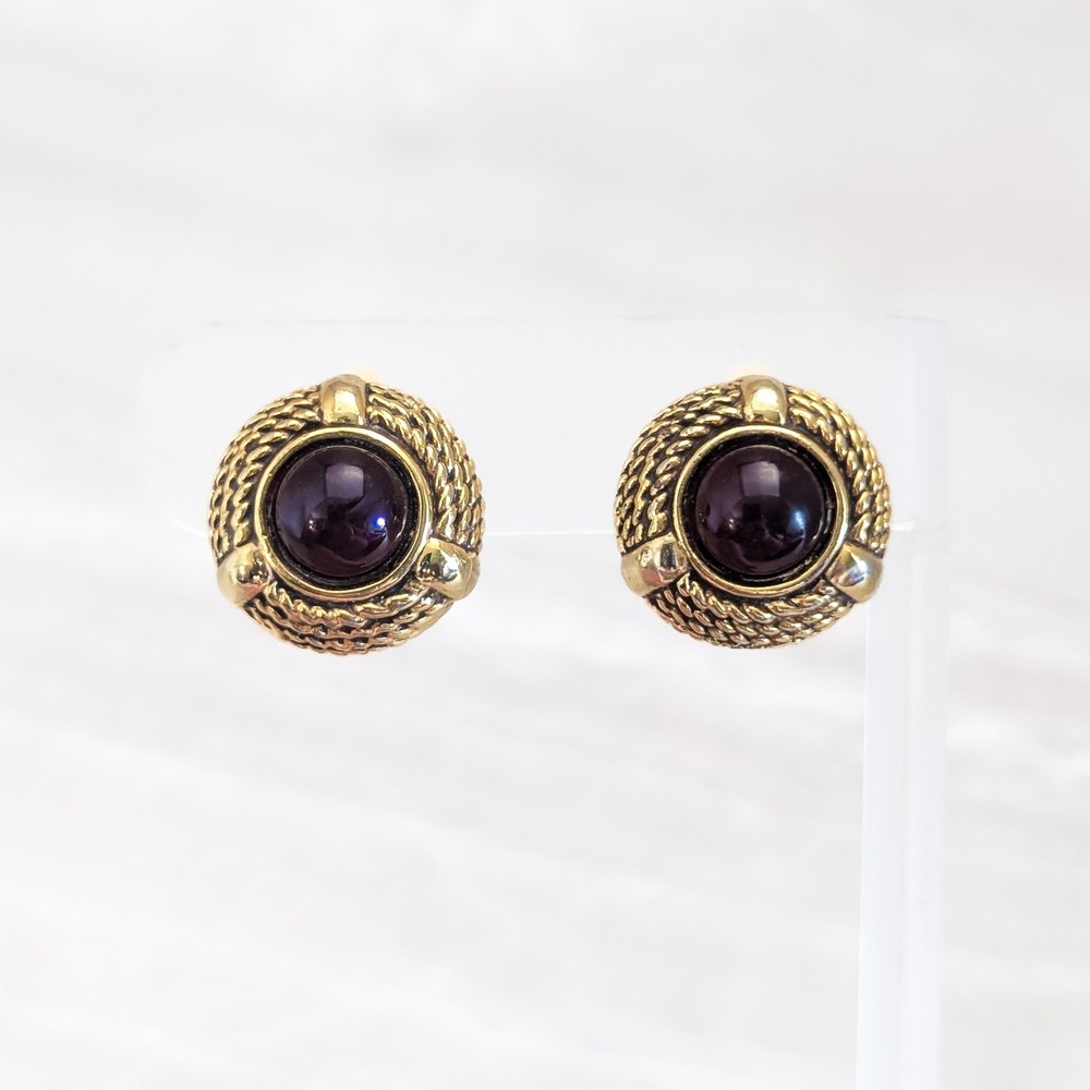 Vintage Clip On Earrings Statement Glam Gold Tone with Burgundy Center