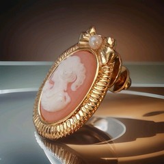 Vintage Cameo Brooch Gold Tone Oval Portrait Pin with Faux Pearl Bow Accent