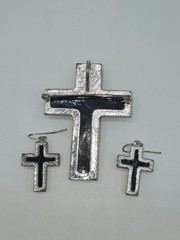 Cross Pendant Brooch Matching Earrings Siver Tone Black Rhinestones
