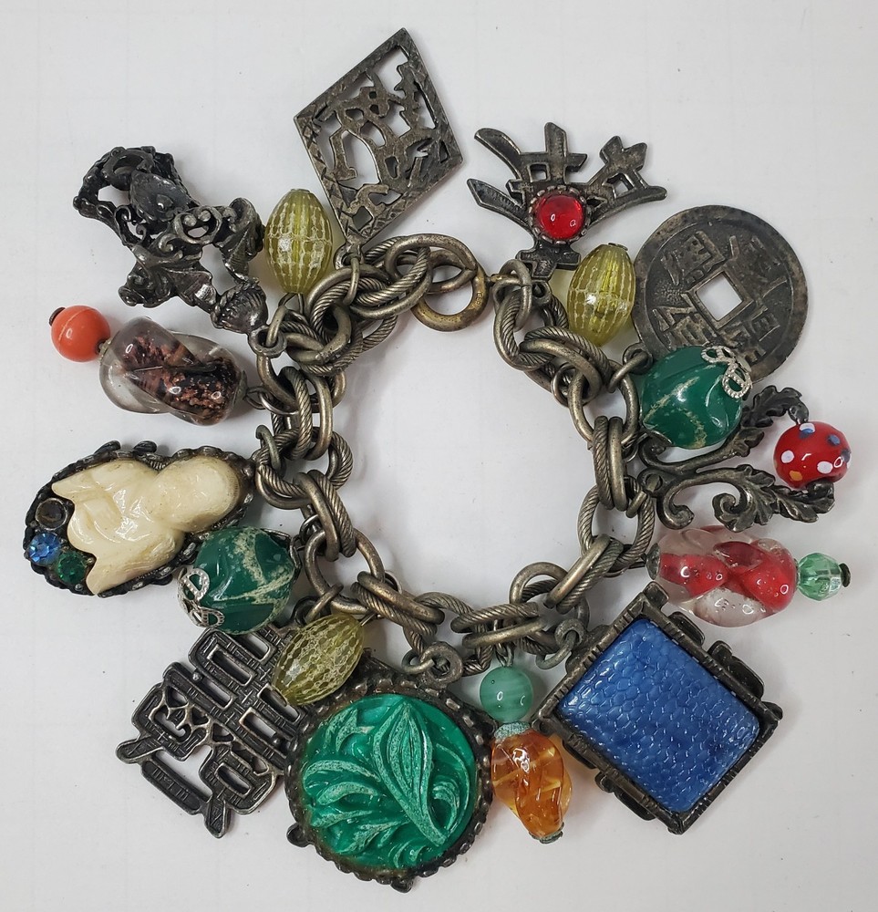 Vintage Asian Inspired Themed Chunky Charmed Bracelet 7″