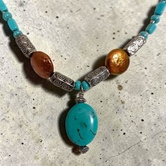 Turquoise Beaded Necklace Blue Howlite Nuggets Silver Tone Western Southwestern
