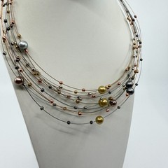 Multi Strand Wire Necklace Mixed Metallic Beads Statement Layered Jewelry Gift