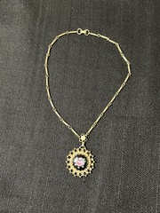 Antique Gold Tone Filigree Hand Painted Rose Faux Pearl Pendant Necklace 14”
