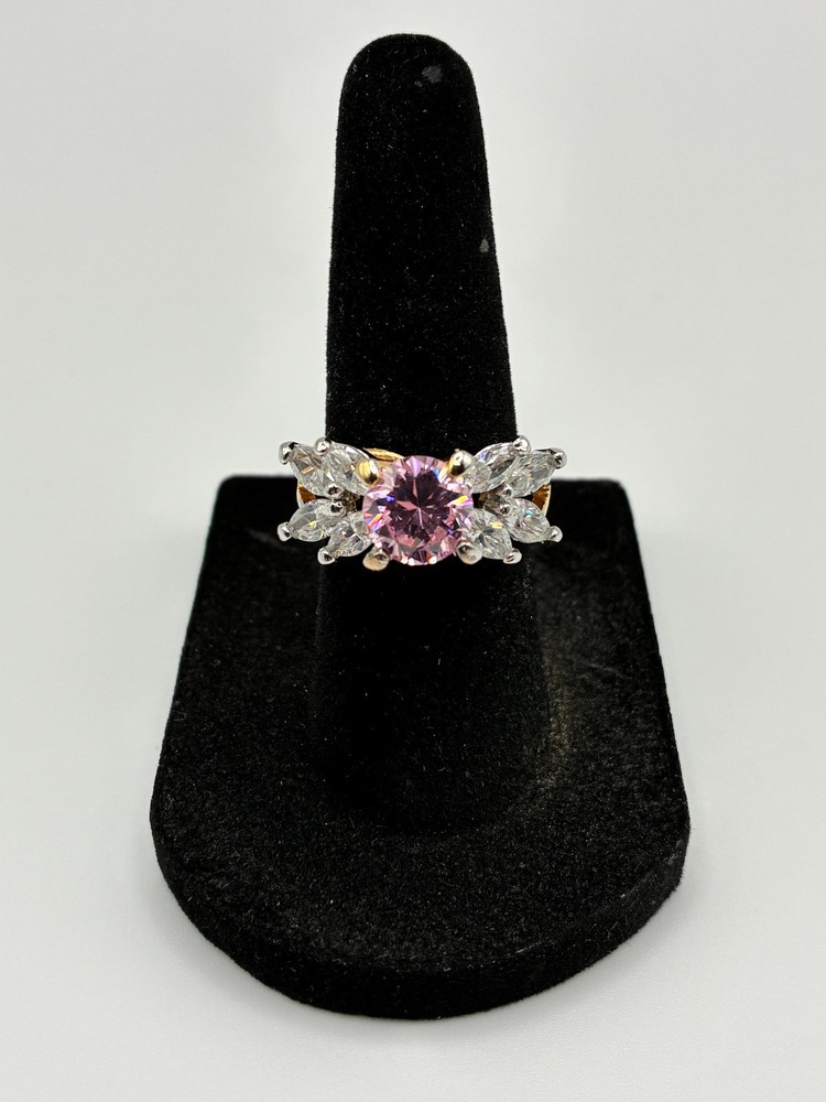 Vintage 1980s Yellow Gold Over Silver Pink Topaz Cubic Zirconia Cocktail Ring.