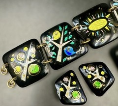 1950s/60s Enamel on Copper 3 Piece Studio Jewelry Set MCM Birds Trees Sunburst