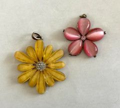(2) Vintage Metal Acrylic & Rhinestone Flower Pendants Yellow Pink Flowers
