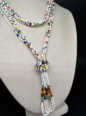 Vintage white green red yellow Glass Seed Beaded 34” Necklace 4190