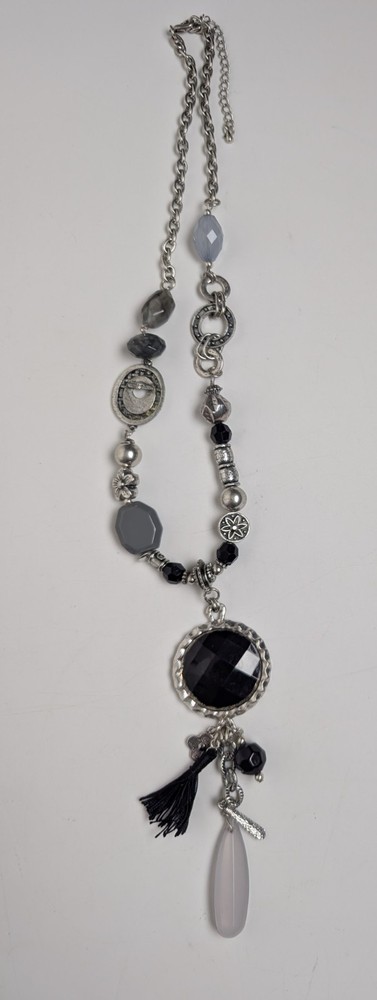 Vintage Boho Asymmetrical Beaded Statement Necklace Black Pendant Tassel Silver