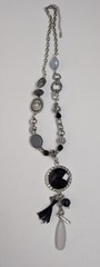 Vintage Boho Asymmetrical Beaded Statement Necklace Black Pendant Tassel Silver