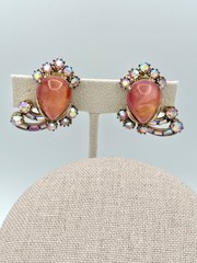 Vintage 50’s Hollycraft set Moonglow glass pink ab crystals lavalier neckla