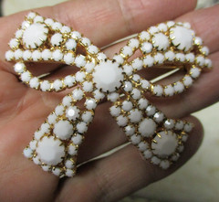 Gold and White BOW pin brooch Vintage MILK GLASS rhinestones