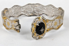 1920s Art Deco Rhodium & Gold Filigree Bangle Bracelet Onyx Stone 6.25 in