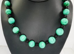 Vintage Malachite & Black Onyx Bead Necklace ~ 20″ ~ Chain Strung – Barrel Clasp