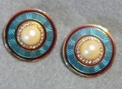 Vintage Earrings Signed Nuri Blue Enamel,”Neo Deco” Design Faux Pearl Rhinestone