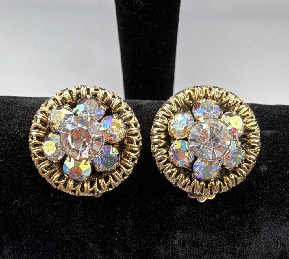 Vtg. Aurora Borealis Crystals Cluster Stud Style Clip-On Earrings