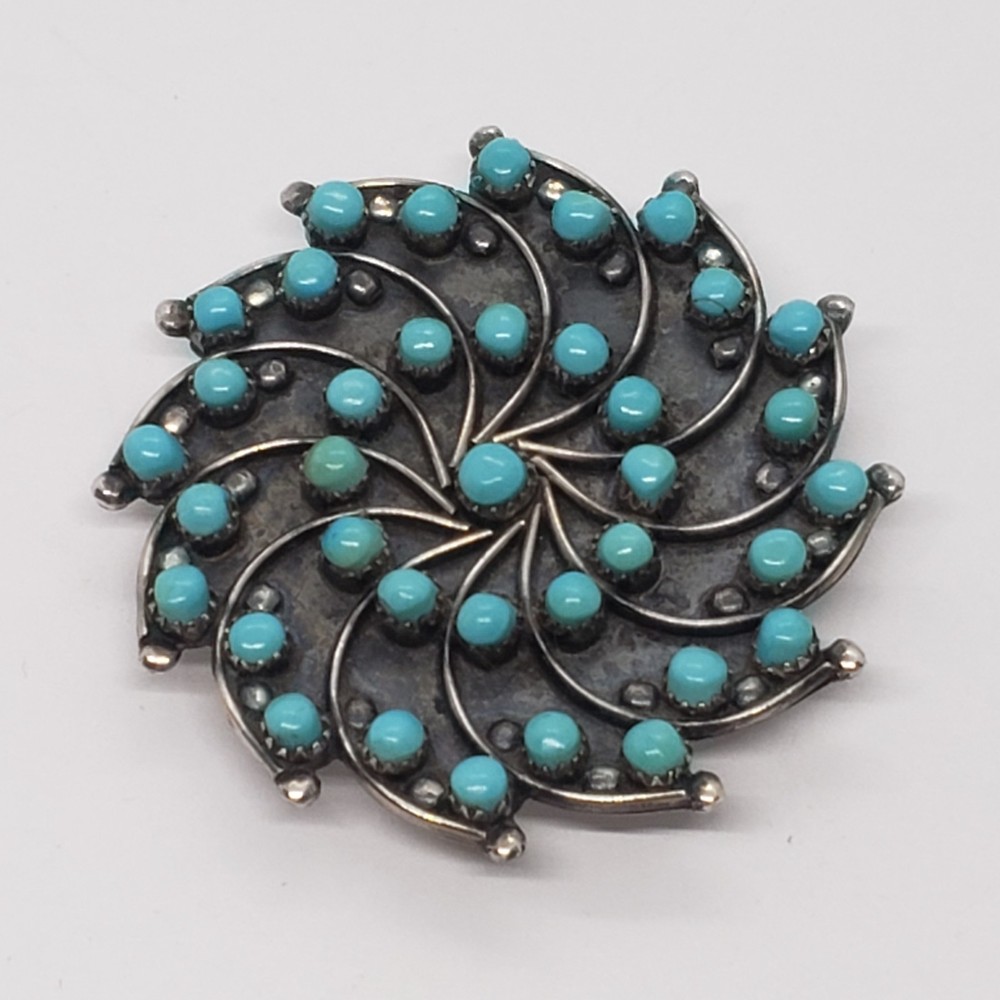 Rare HUBERT JOHNSON Zuni Turquoise Pinwheel Petit Point PENDANT BROOCH 1960s