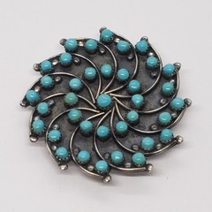Rare HUBERT JOHNSON Zuni Turquoise Pinwheel Petit Point PENDANT BROOCH 1960s