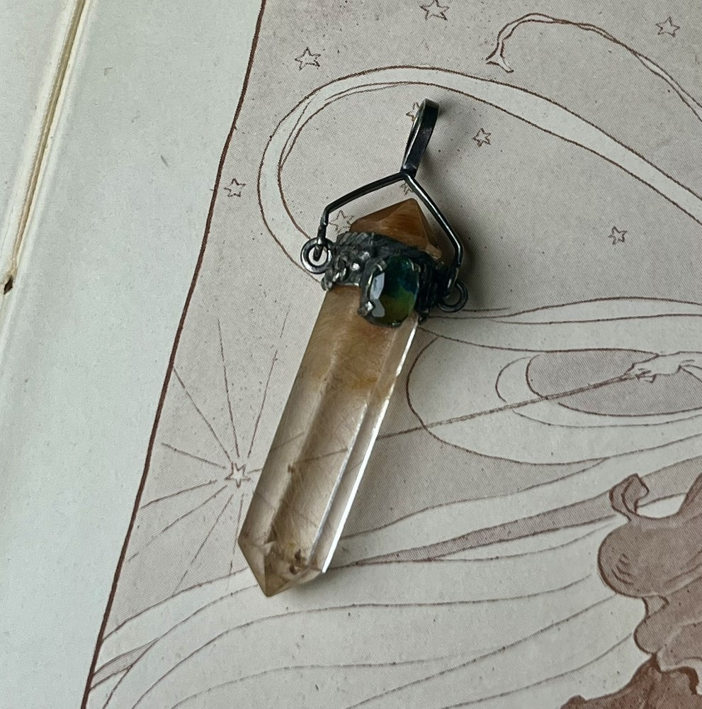 Sterling Silver Rutilated Quartz Pendent With Blue Topaz V318