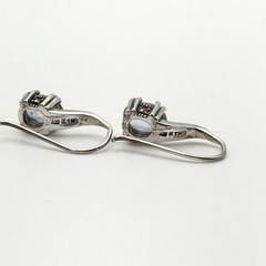Vintage Sterling Silver 925 Oval Blue Topaz & Marcasite Hook Dangle Earrings