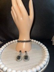 Vintage Clear Black Rhinestone Bracelet Clip-On Earrings Set Emerald Cut Costume