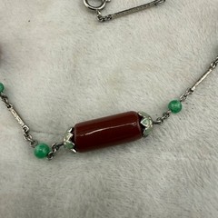 Vintage Art Deco Beaded Necklace Enamel Germany Silver Tone Red Green 30”