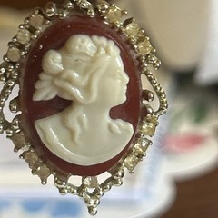 Cameo Pendant/brooch On Orange Background With Stones On Goldstone Setting