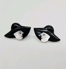 Lady in Hat Acrylic Pierced Earrings Art Deco Black and White Vintage 1 in