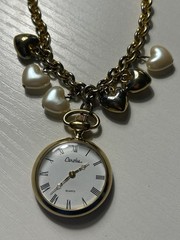 Vintage Carolee Pocket Watch Pendant Necklace Pearl Heart Charms Gold Tone 34”