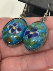 Old Rostov Finift (?) Silver & Hand Painted Domed Porcelain Dangle Earrings