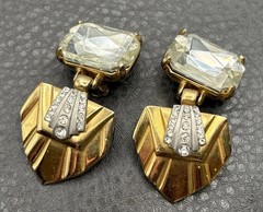 Vintage Runway Art Deco Style Crystal Drop Clip On Earrings Gold Tone Chunky