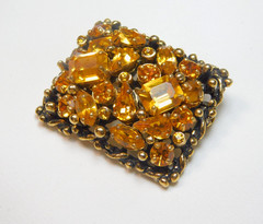 VINTAGE BARCLAY JEWELS OF INDIA GOLDEN AMBER RHINESTONES BROOCH & EARRINGS