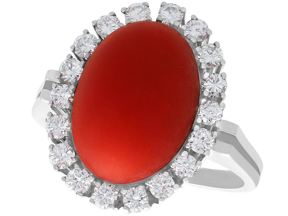 7.36 Ct Red Coral 0.80 Ct Diamond 18k White Gold Cocktail Ring Circa 1970