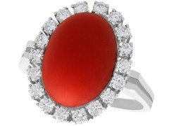 7.36 Ct Red Coral 0.80 Ct Diamond 18k White Gold Cocktail Ring Circa 1970