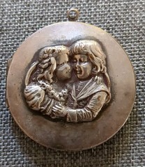 Antique Silver Tone Photo Locket Pendant Raised Silverwork Boy Girl Sweethearts