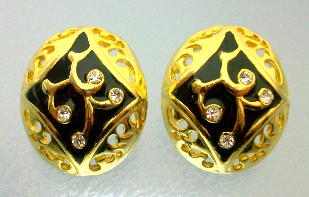 Oval Black Enamel & Clear Rhinestone Stud Earrings Vintage Pierced Everyday Glam