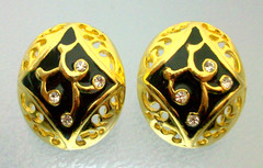 Oval Black Enamel & Clear Rhinestone Stud Earrings Vintage Pierced Everyday Glam