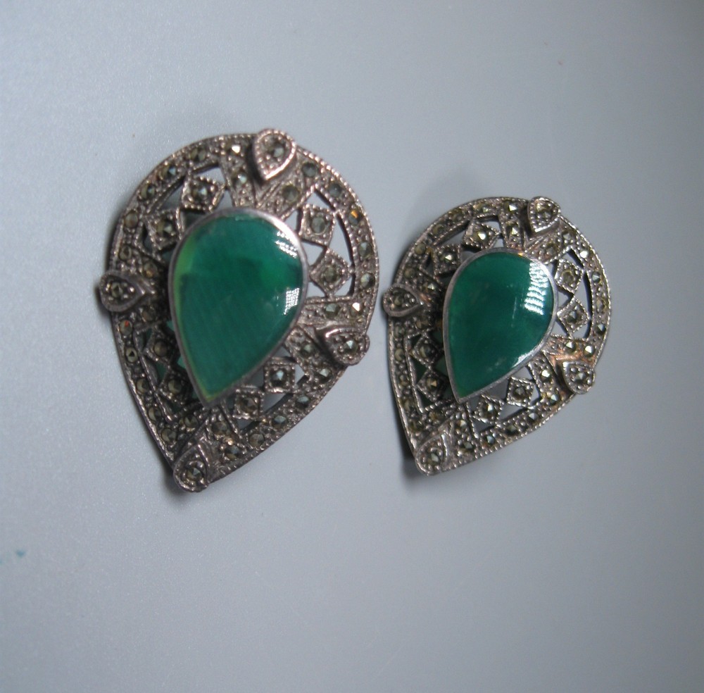 Vintage/Antique Sterling and Marcasite Earrings Green Stone