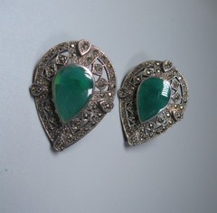 Vintage/Antique Sterling and Marcasite Earrings Green Stone