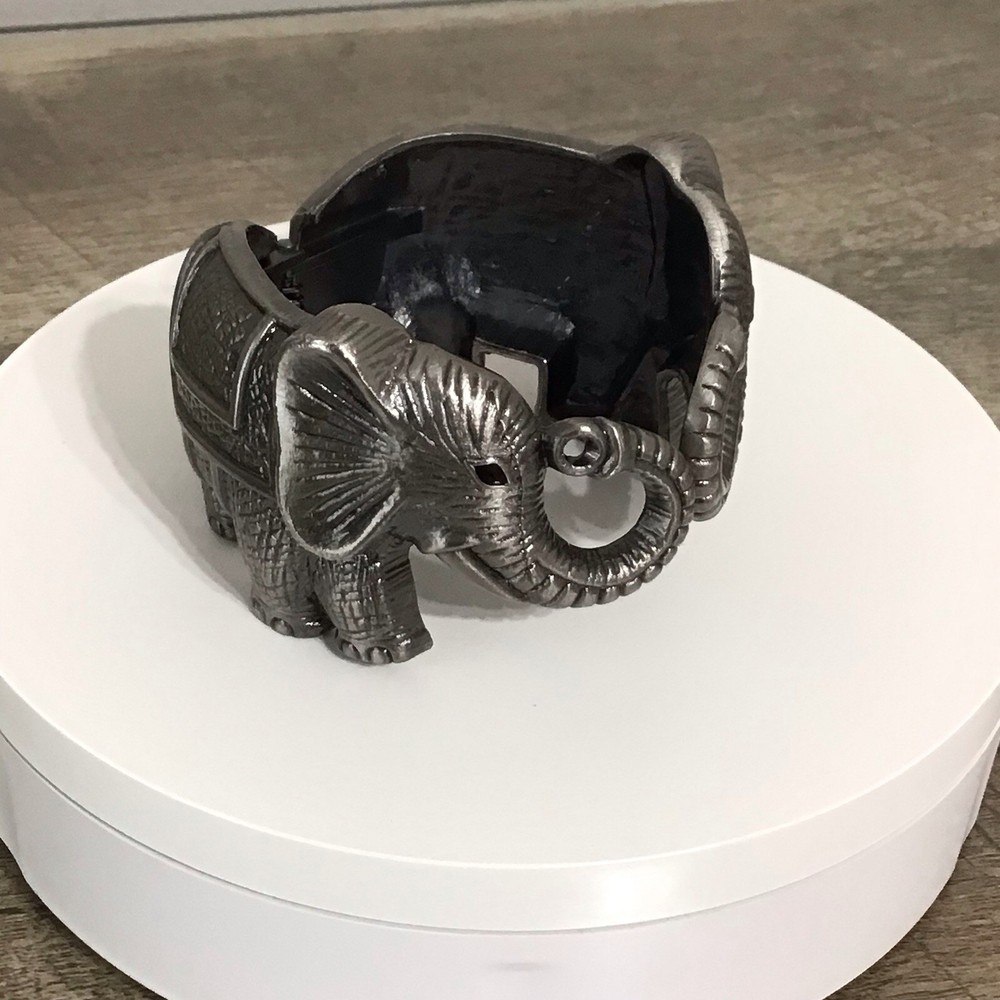 Silver-Toned Elephant Hinged Cuff Bracelet Chunky