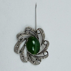 Vintage Sorrento Oval Jade Sterling Silver Brooch Pin Flower