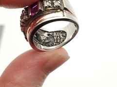 Vintage Sterling Gold Inlay Multi Gemstone Ruby Sapphire Wide Ring Band Sz 5.25
