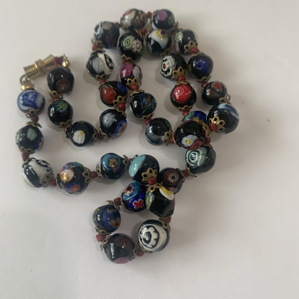 Vintage Venetian Millefiori Glass Beaded Necklace Hand Knotted. N79
