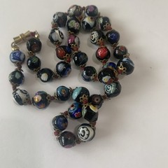 Vintage Venetian Millefiori Glass Beaded Necklace Hand Knotted. N79