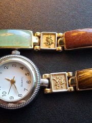 Vtg Multi Stone Inlay Panel Watch (works) Bracelet Set Chinese Symbol Good Luck