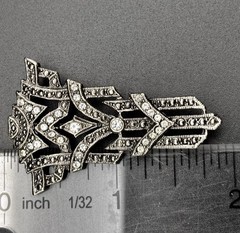Vintage Art Deco Style Silver Tone Black Crystal Brooch Pin 1.75”