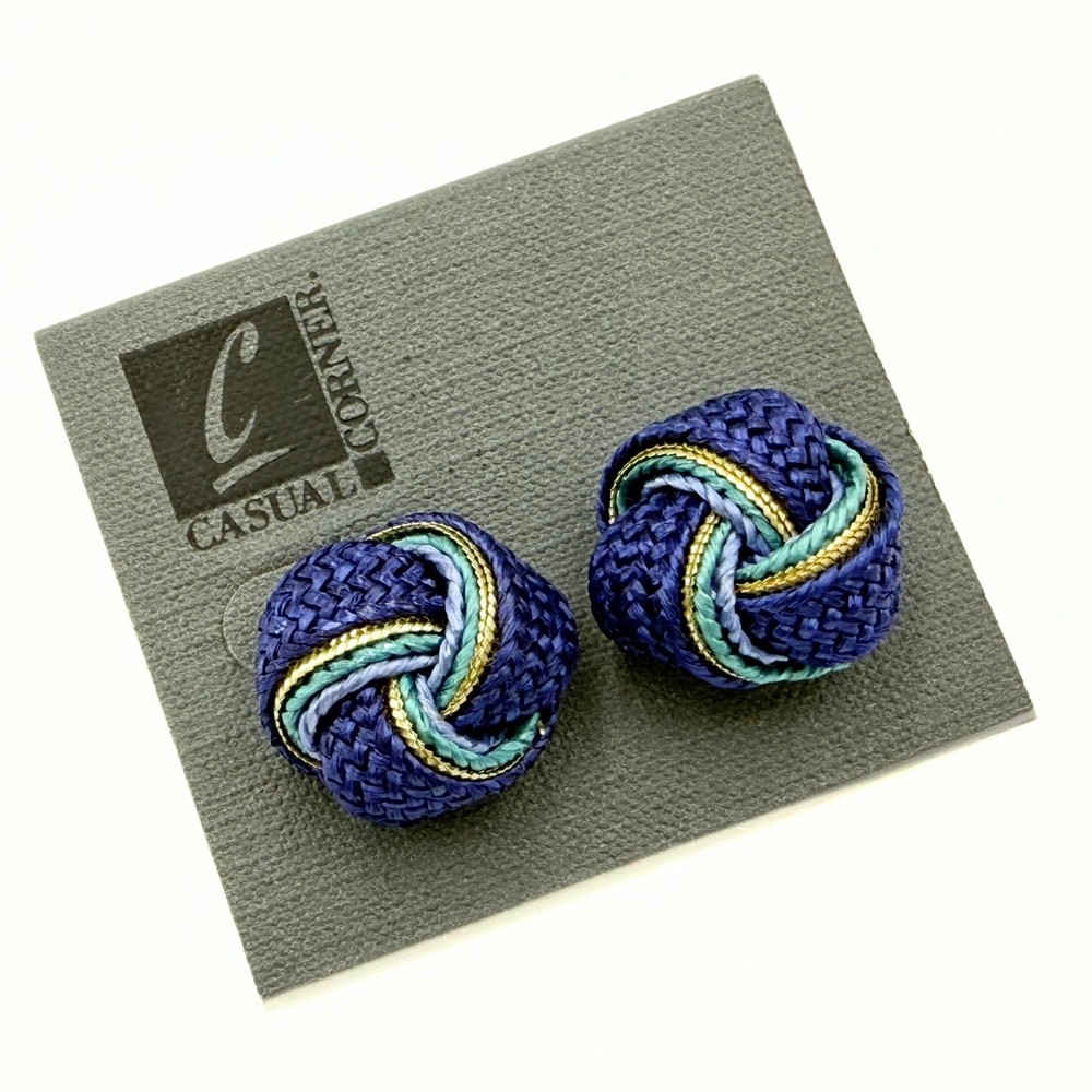 Charming Blue & Green Knotted Fabric Silk Post Back Earrings