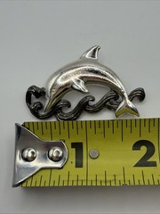 Vintage silver-plated DOLPHIN brooch W/ Textured Pewter Tone Waves EUC